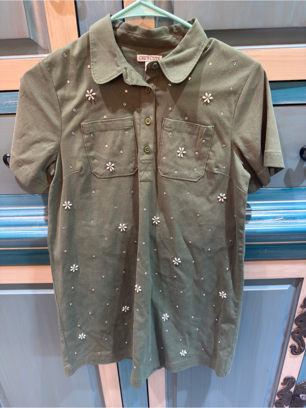 Crewcuts Girls' Olive Green Daisy-Embellished Twill Moss Shirt Dress